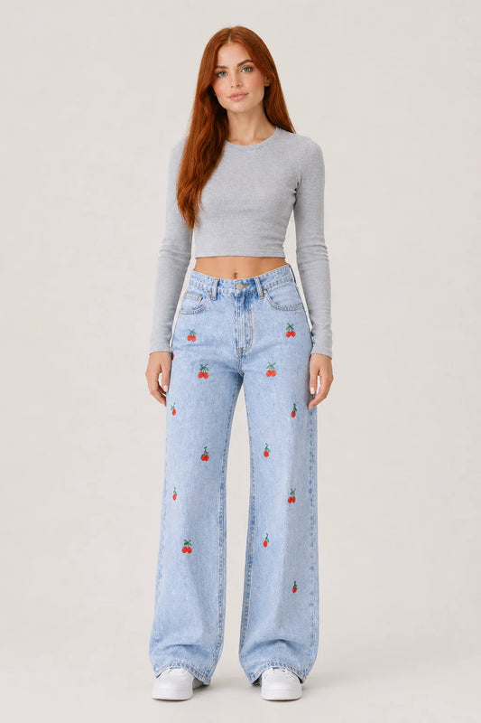 Cherry Jeans – Embroidered Wide Leg Blue Denim