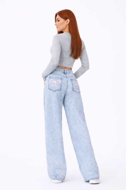 Cherry Jeans – Embroidered Wide Leg Blue Denim