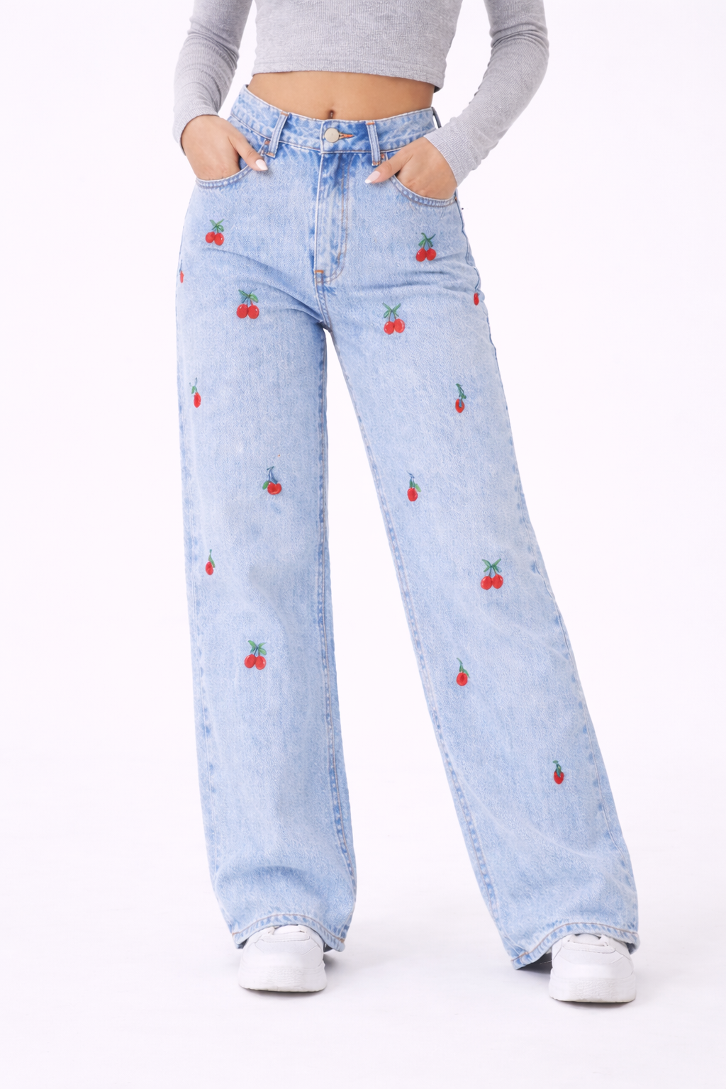 Cherry Jeans – Embroidered Wide Leg Blue Denim