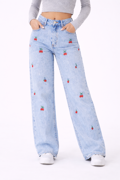 Cherry Jeans – Embroidered Wide Leg Blue Denim