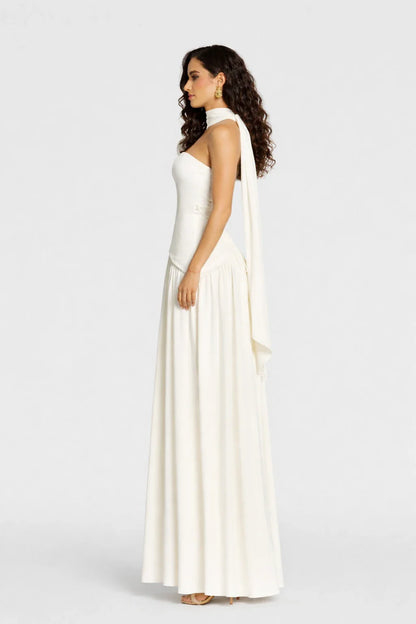 Elara Dress – Strapless Draped Maxi Dress High Slit