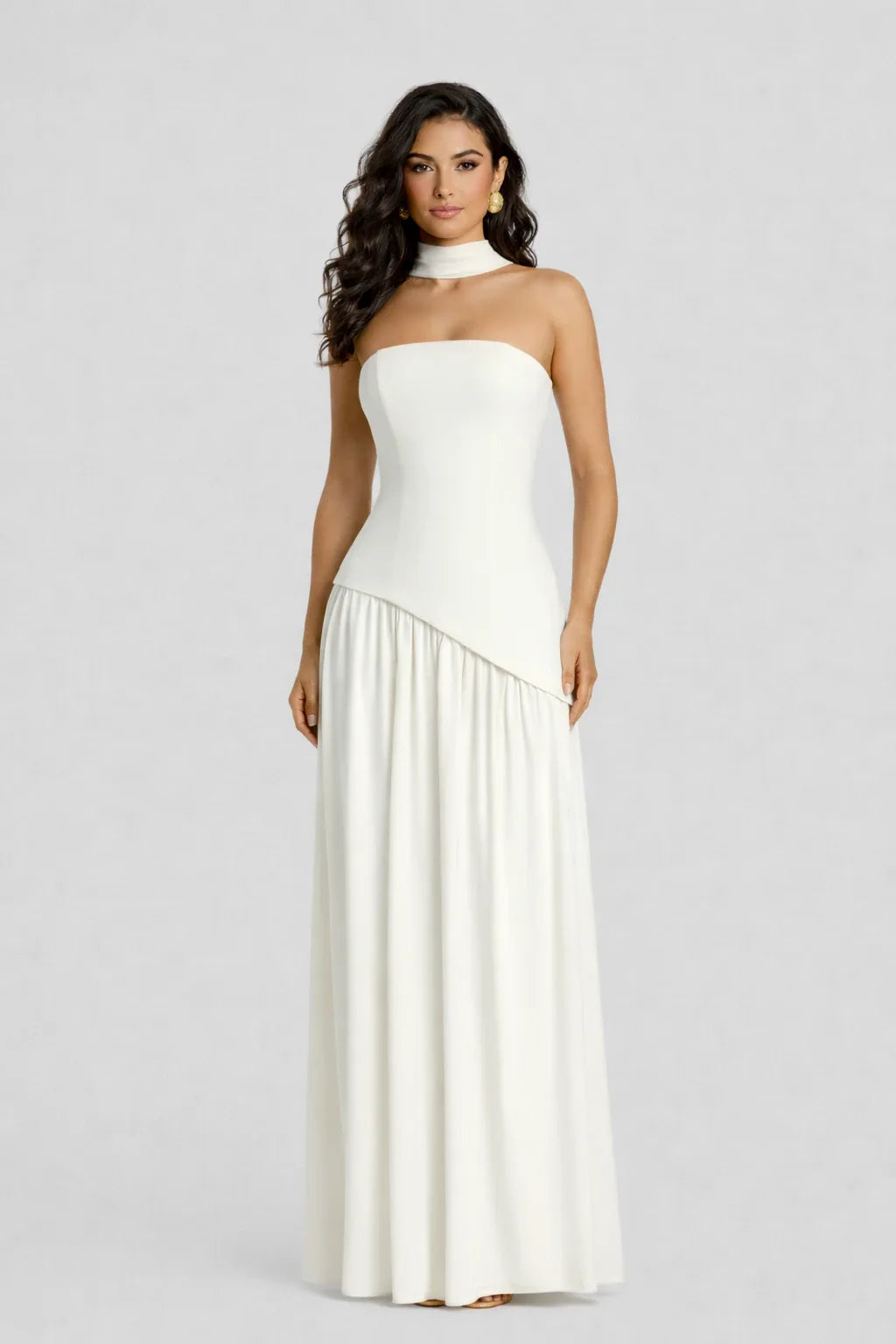 Elara Dress – Strapless Draped Maxi Dress High Slit