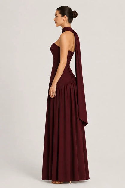 Elara Dress – Strapless Draped Maxi Dress High Slit