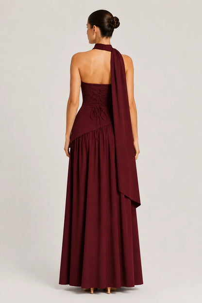 Elara Dress – Strapless Draped Maxi Dress High Slit