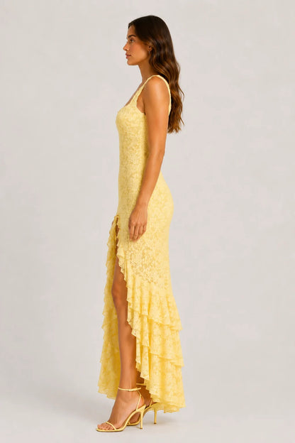 Flora Dress – Lace Maxi Dress Ruffles High Slit