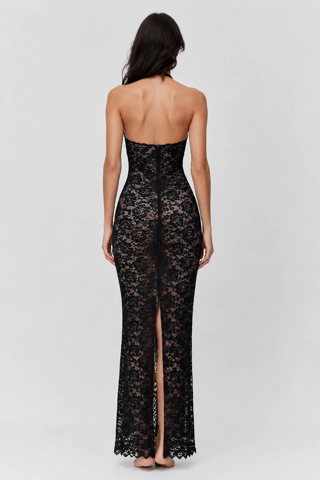 Obsidian Dress – Black Lace Halter Maxi Open Back