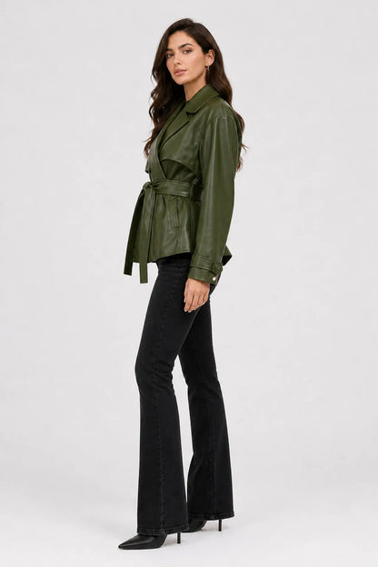 Valona Jacket – Faux Leather Belted Cropped Jacket